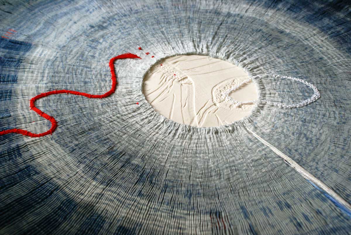 PULSE (detail) |2017 -  Linen, cotton thread, porcelain; each unit 62 cm diameter. Photo: Caroline Bartlett.