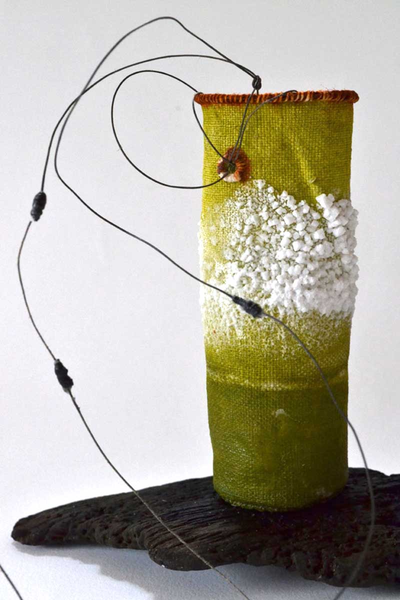GREEN SALT POT | Linen, wire, salt, found thread, driftwood; 13cm high x 5cm diameter