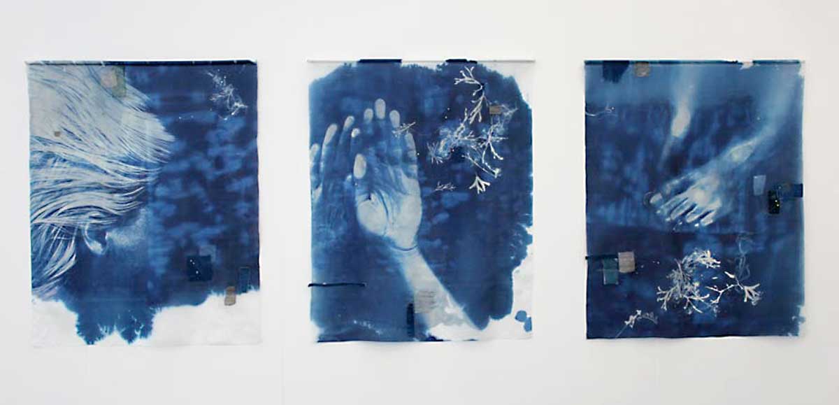 BAPTISM | Silk, stitch, cyanotype; triptych - each 73cm wide x 90cm high. Photo: David Ramkalawon