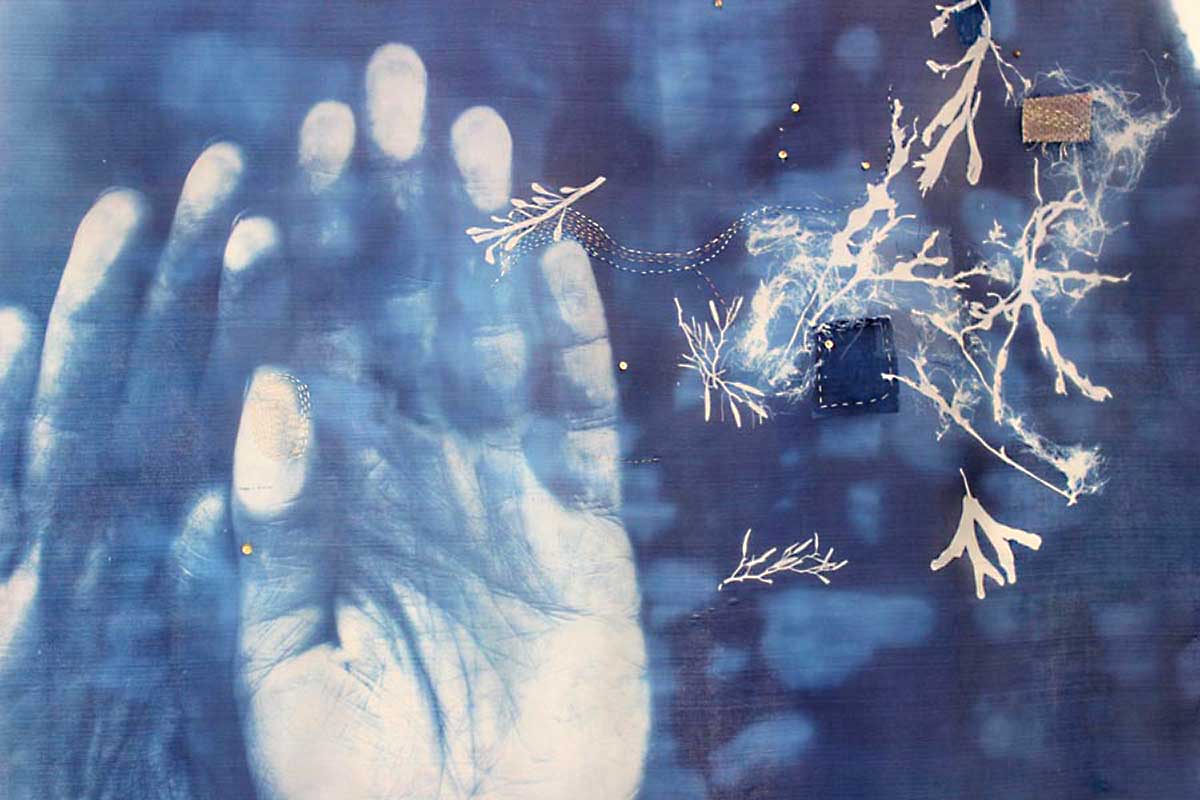 BAPTISM (Detail) | Silk, stitch, cyanotype; triptych - each 73cm wide x 90cm high. Photo: David Ramkalawon