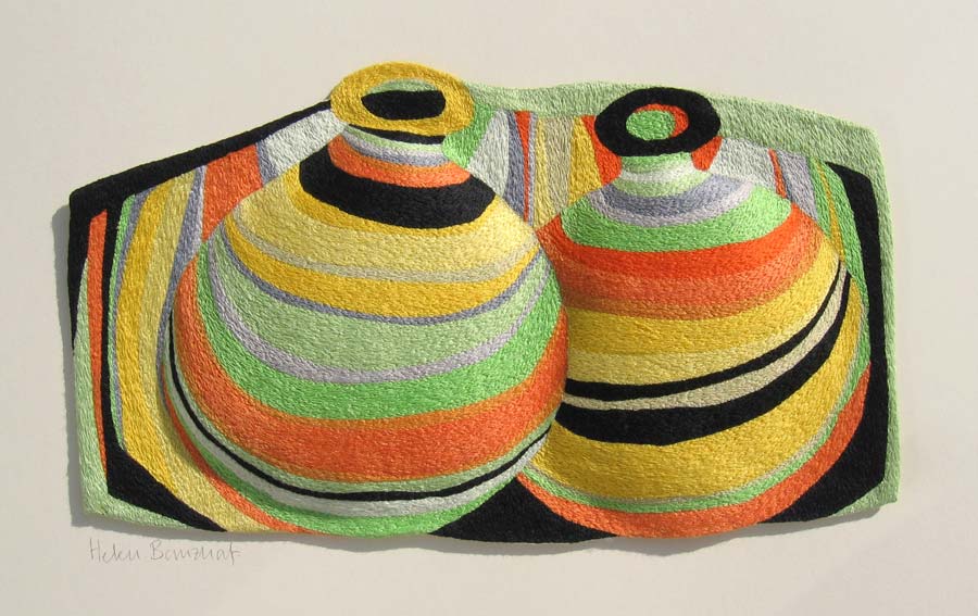 TWO FAT BOTTLES | Mercerised cotton thread on calico; 31cm wide x 18cm high.