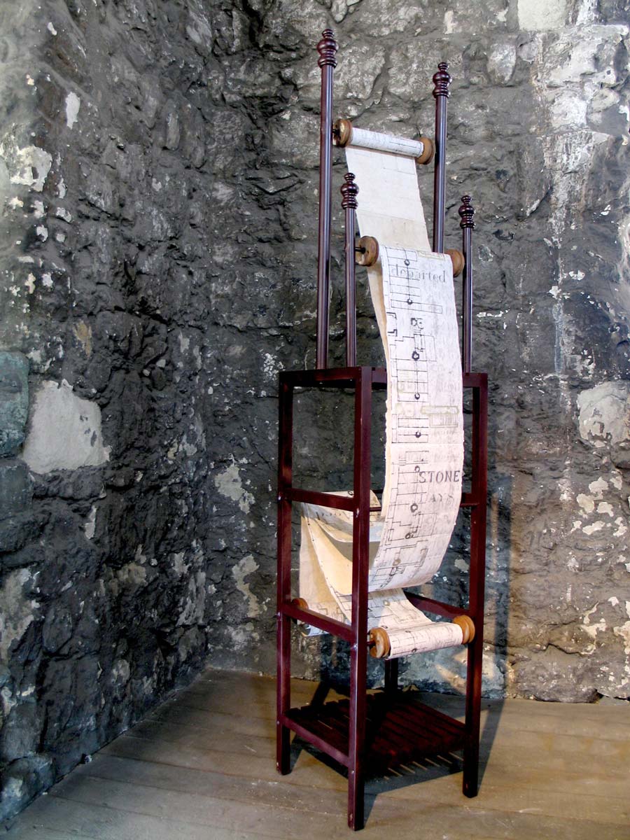 WINDINGS AND DURATIONS | Date: 2015 Site specific construction for St Augustine's Tower, Hackney, London Medium: Pair of screen-printed and stitched scrolls on paper, wooden rollers and stand Size: 45 x 45 x 200 cm (site specific construction) Photo: Maggie Henton.
