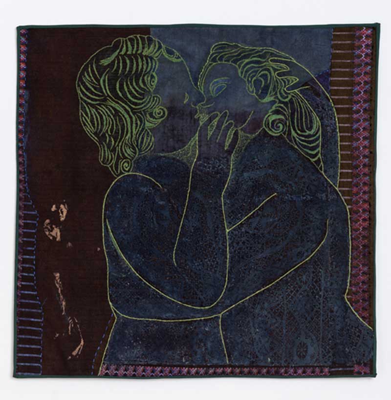 PSYCHE AND EROS | Indigo-dyed Chinese fabric, old lace, threads, paints. 49cms X 50cms. Photo : Michael Wicks
