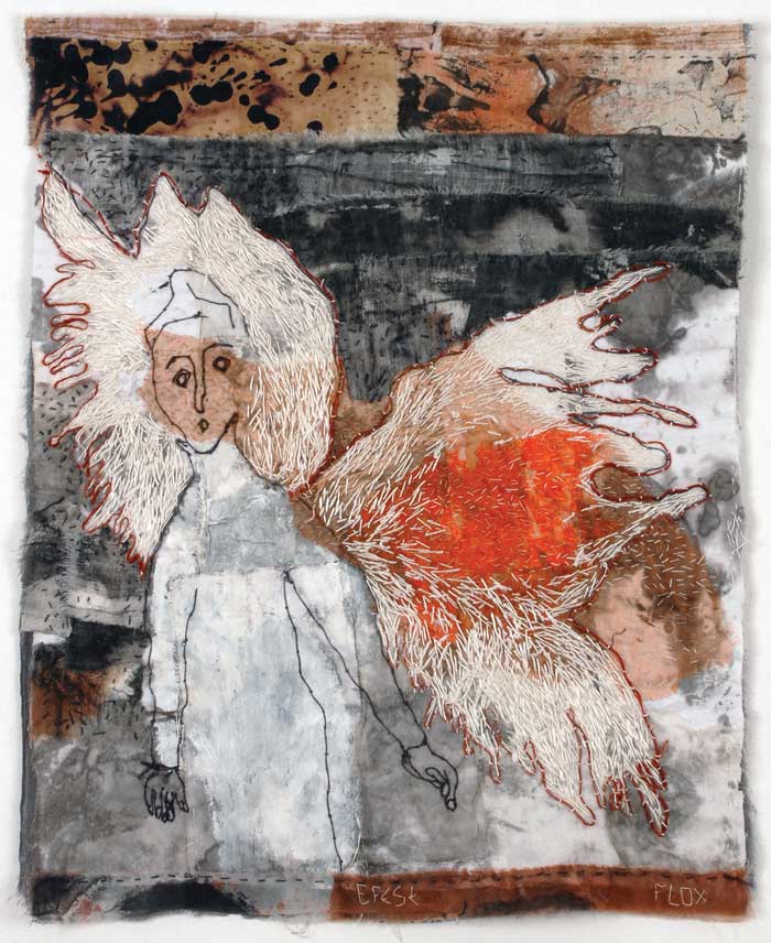 EFESE | 71h x 52w cm; Monoprinted, discharged, flour resist, embroidery on inkstained and acrylic painted cotton and polyester sheer.