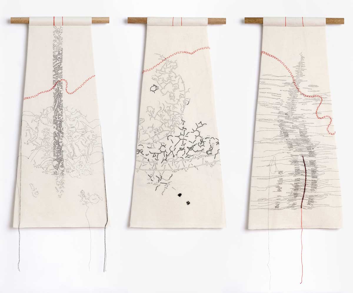 BACKWARDS/FORWARDS (detail 3 of 6) | 2011 - Wool fabric, cotton thread, hand stitched; 317x 72cms- each panel 33.7  x 72 cms. Photo: Michael Wickes.