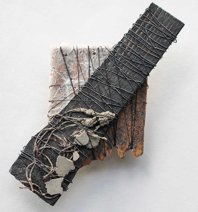 ASSEMBLAGES (Detail) |Wood, paper, wire, thread, concrete : 1 of 16 small units.  Photo: Ann Goddard