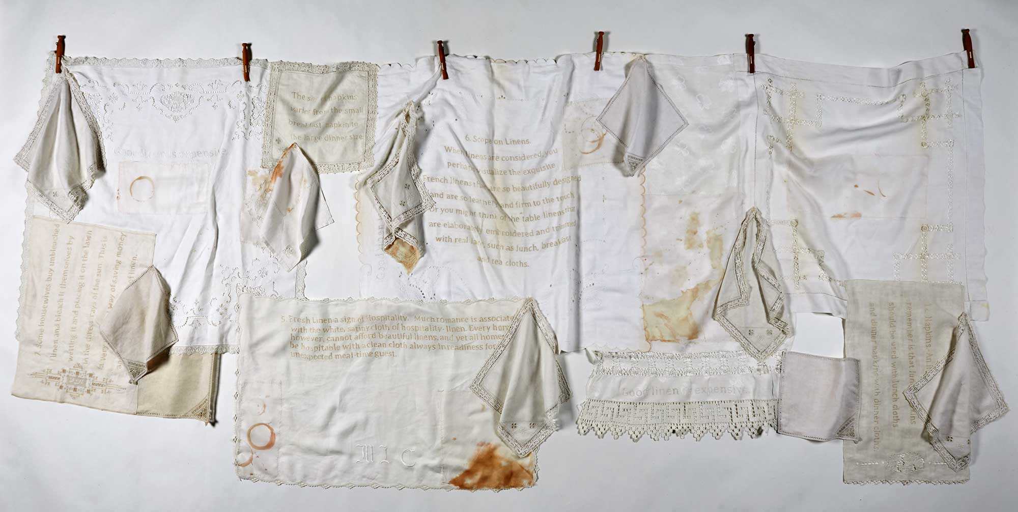 <strong>IRRELEVANT OBJECTS</strong> 2012  <strong>|</strong> 270 cm X 130 cm. Vintage table linens, silk organza, embroidery floss.