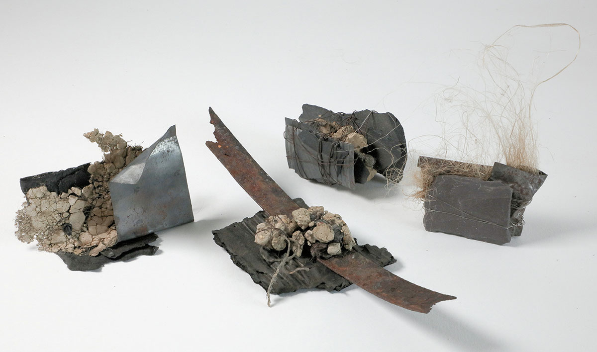 JUXTAPOSITIONS (Detail) | Reclaimed mixed media scraps | 4 of 16 small units | Photo: Ann Goddard