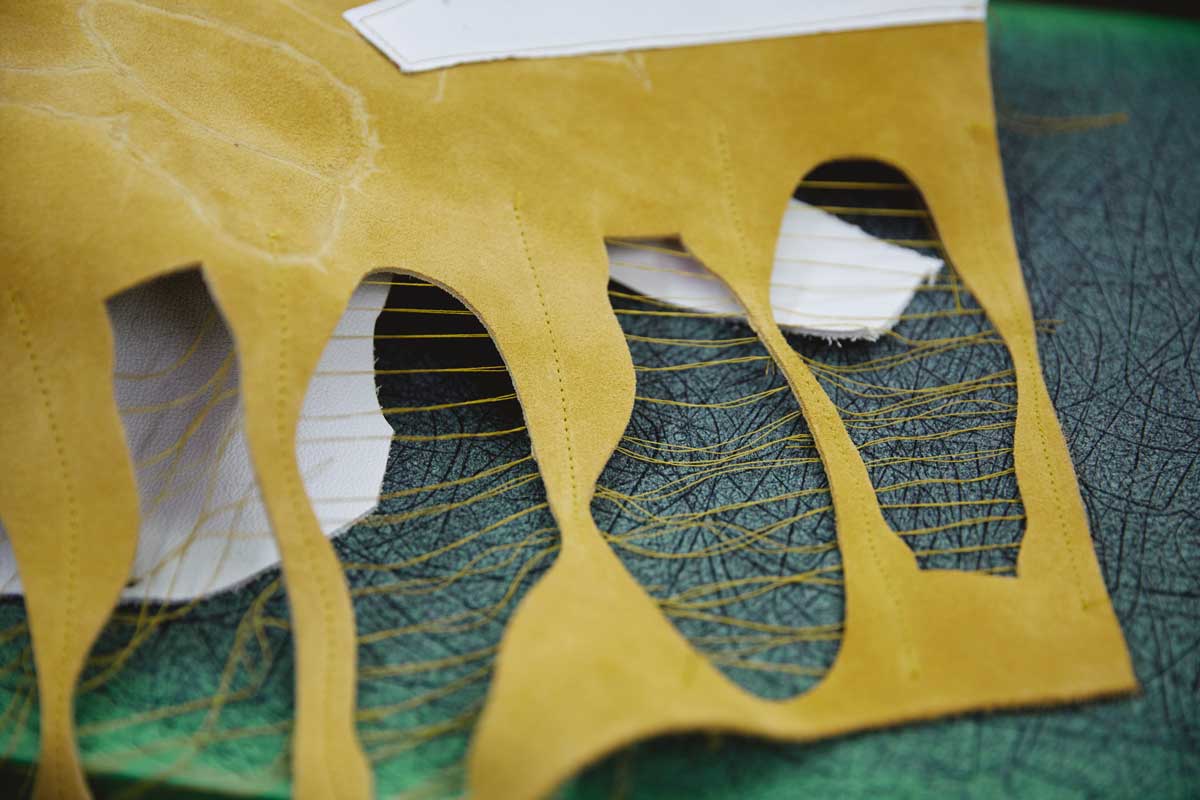 STAMPED, MULTIPLE (Detail) | 2023 |Leather and suede offcuts with hand and machine stitch | Photo credit: John Cardwell.